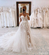 A line Beach Lace Casual Wedding Dresses Off the Shoulder Tulle with Slit - MyChicDress